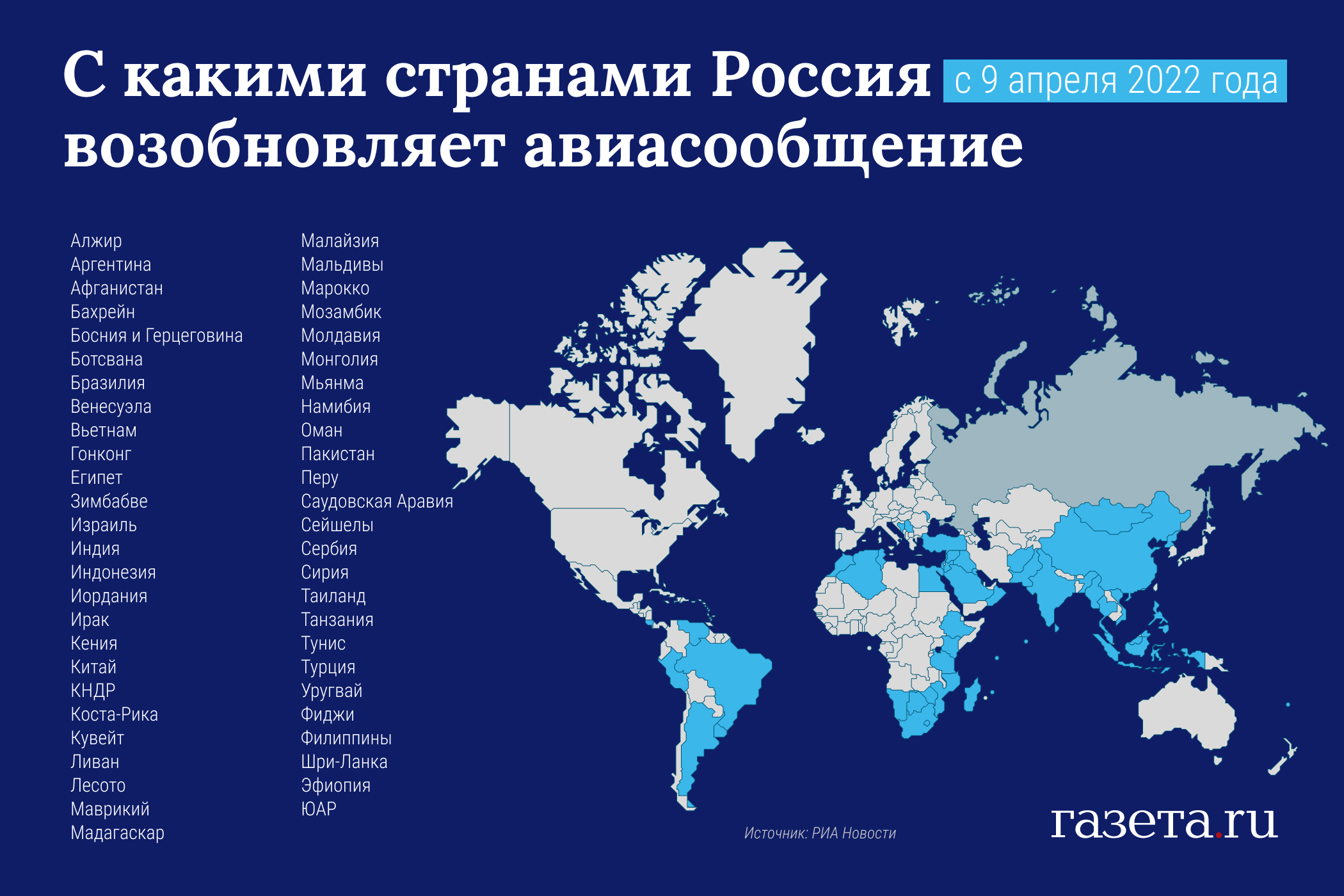 Россия возобновляет авиасообщение с 52 странами