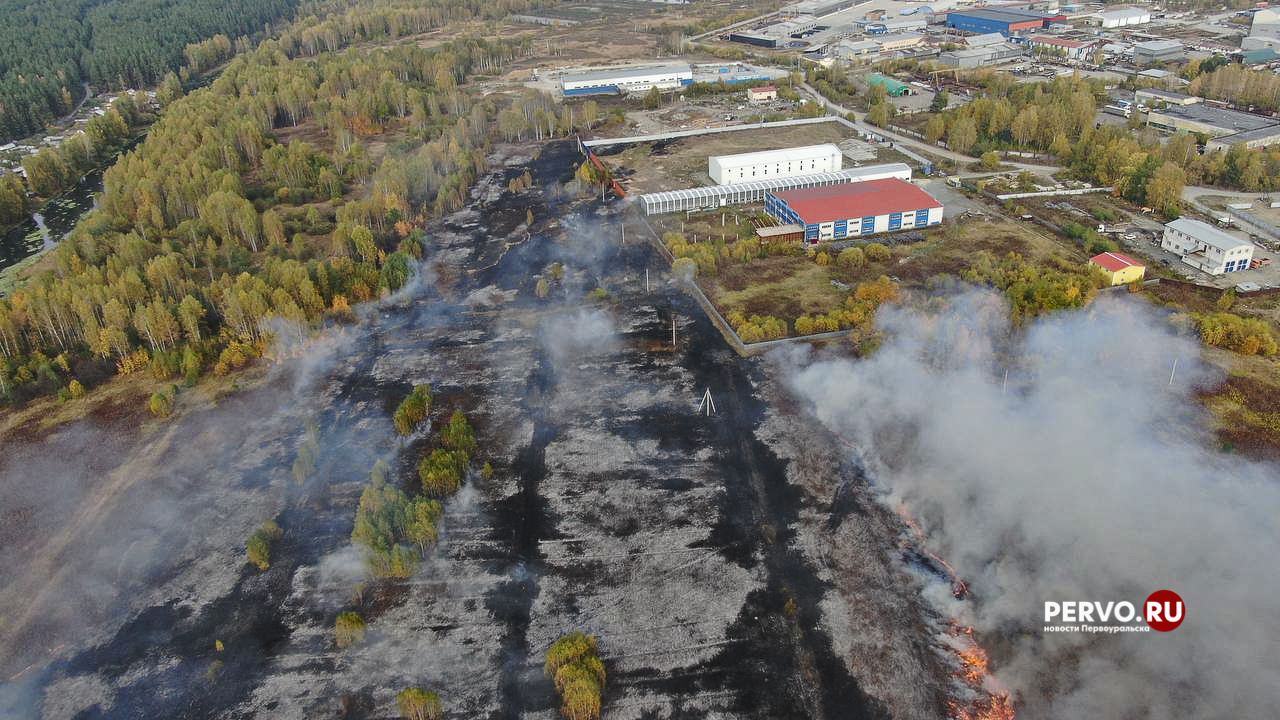 В Первоуральске рядом с заводами горит лесополоса. Видео