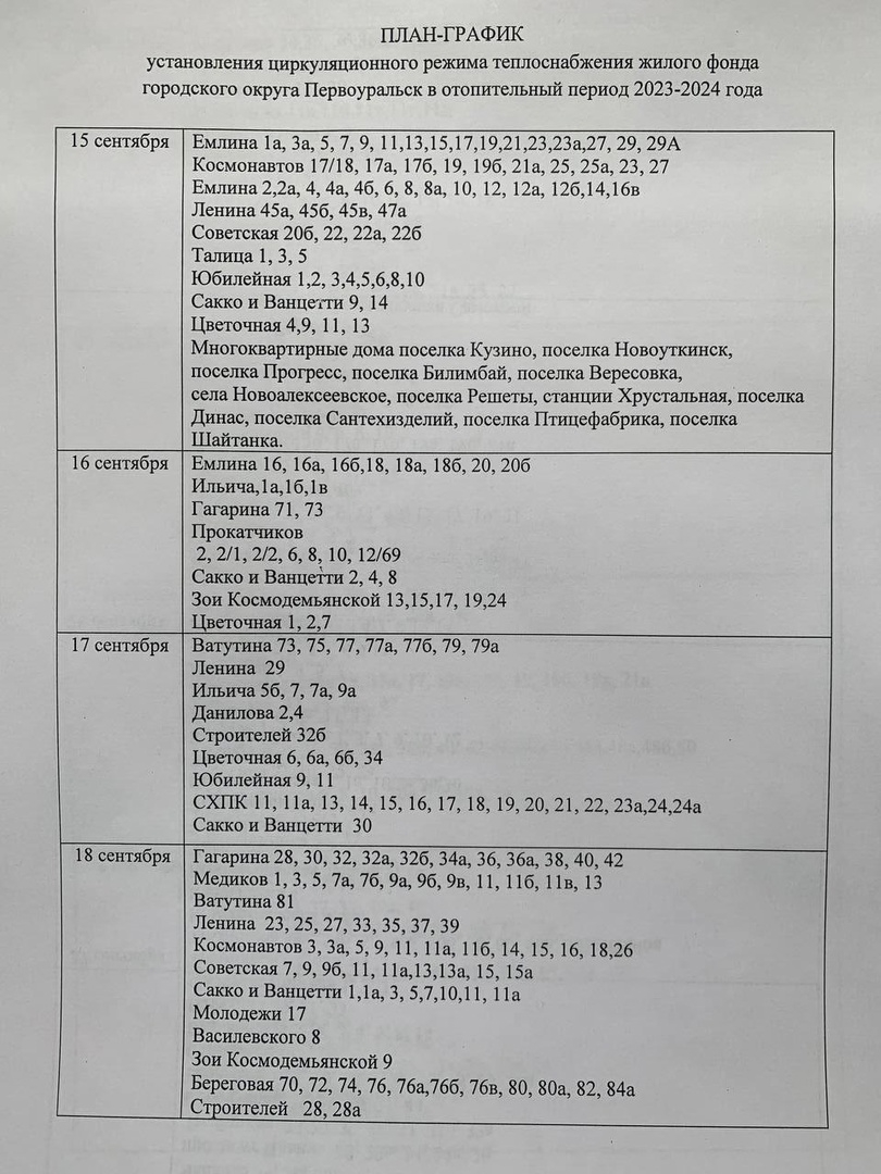 График подключения тепла в Первоуральске. Адреса